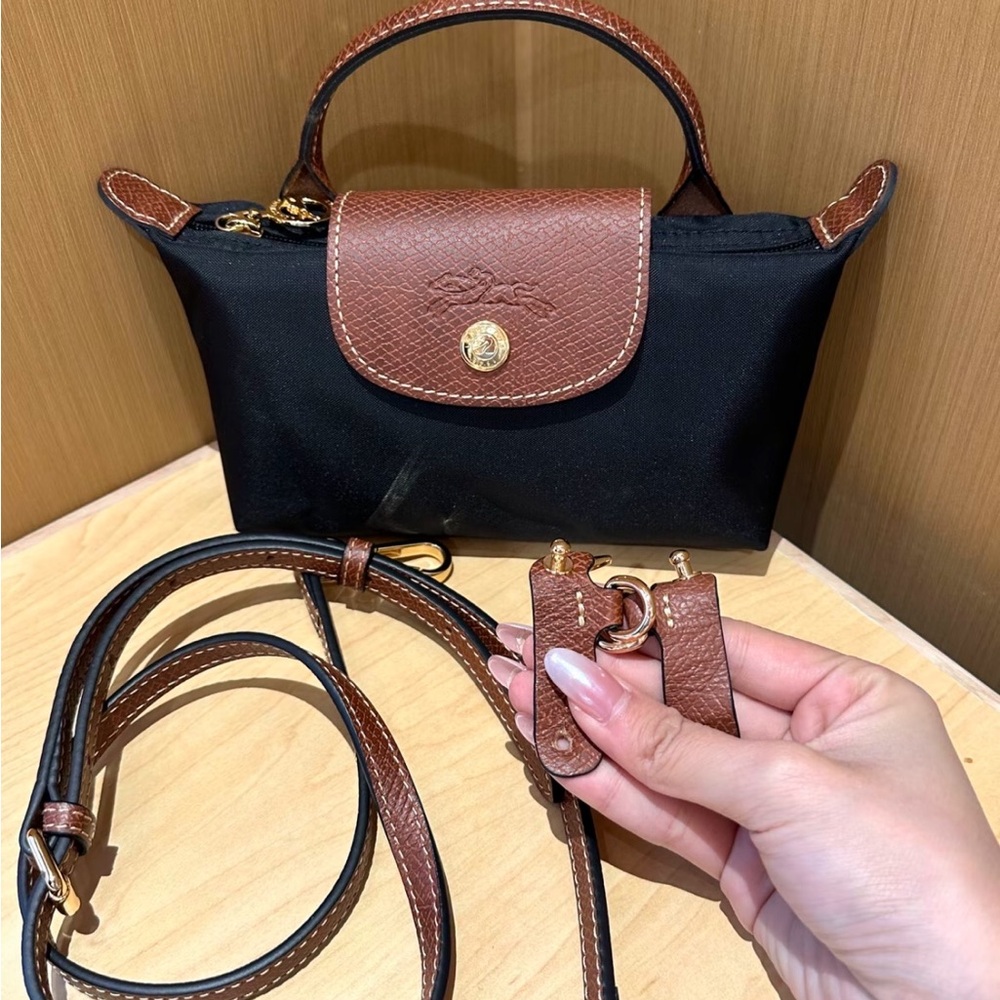 Longchamp Mini Le Pliage Black Canvas Crossbody Tote Bag Brown Leather Trim